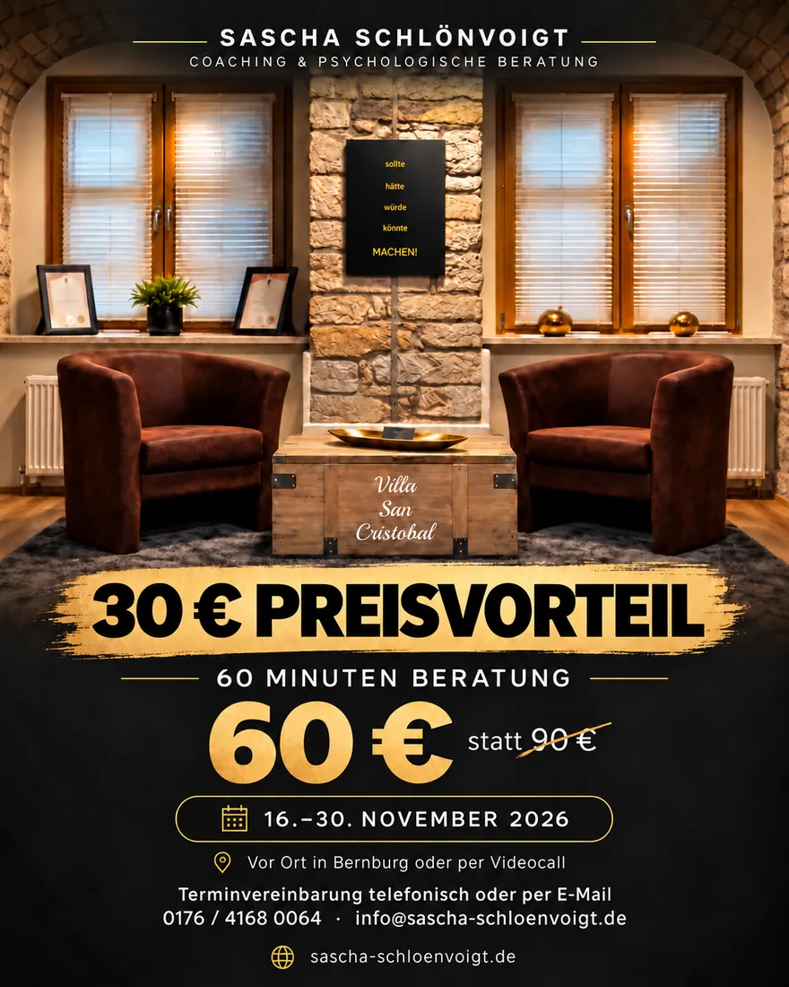 Angebot 16. bis 30. November 2026: 60 Minuten Beratung für 60 Euro statt 90 Euro, vor Ort in Bernburg oder per Videocall