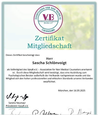 Zertifikat Mitgliedschaft - VpsyB e.V. - Association for Non Medical Counselors